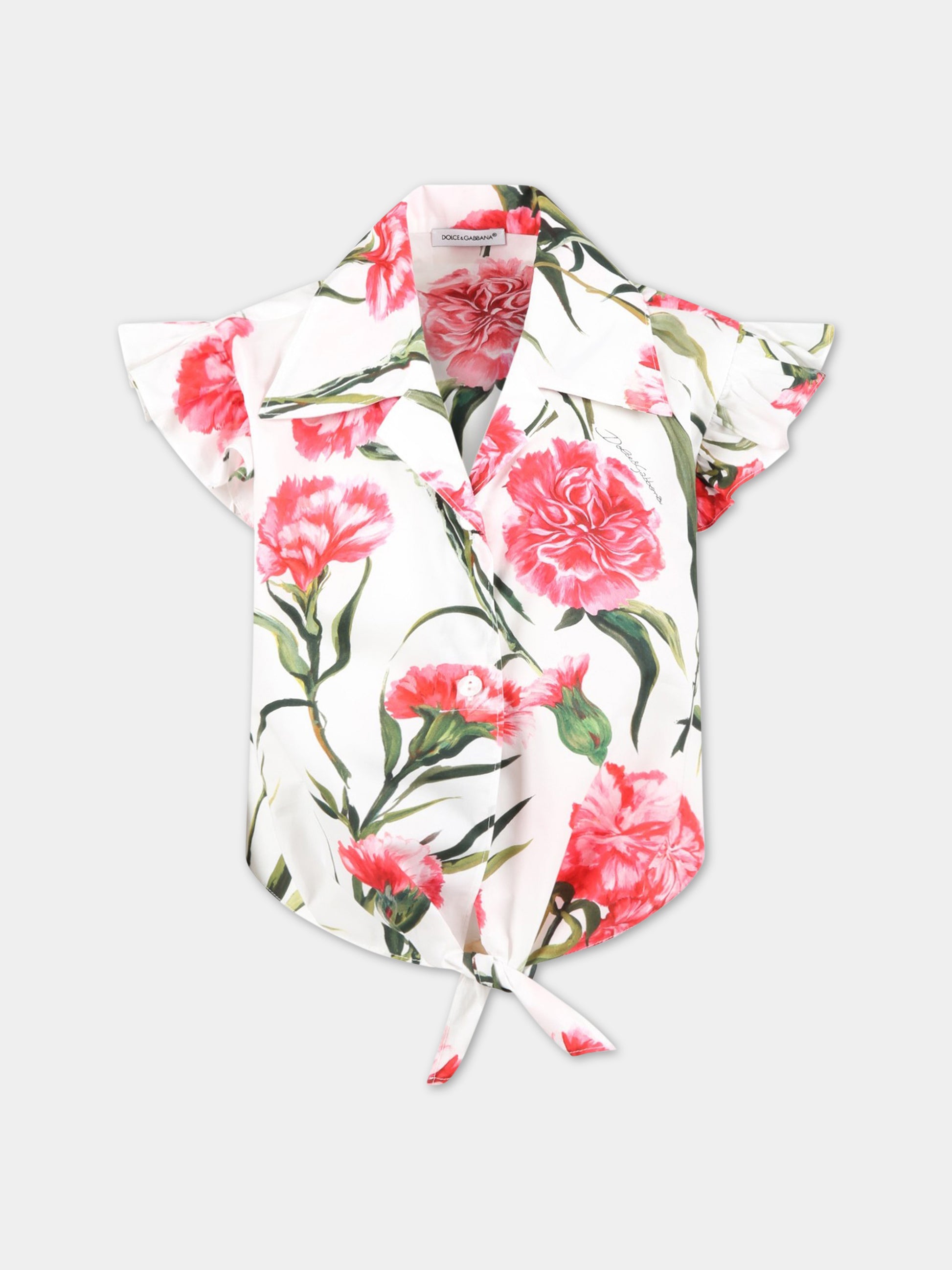 Camicia bianca per bambina con garofani rosa,Dolce & Gabbana Kids,L55S74 HS5O0 HA3VL