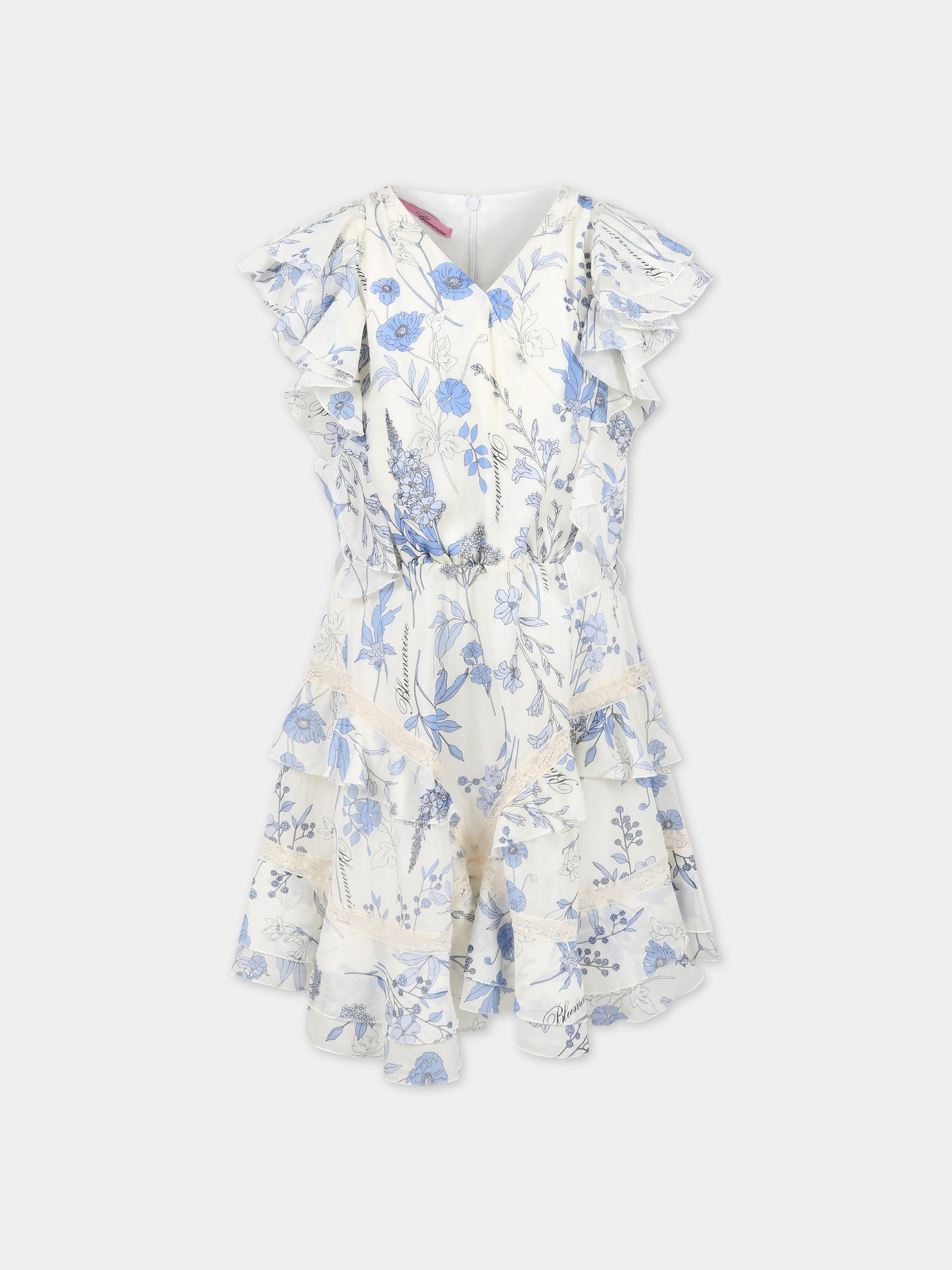 Vestito bianco per bambina con stampa floreale e logo,Blumarine Baby,IA3060T2523 Q9210