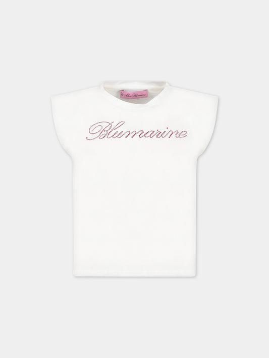 T-shirt bianca per bambina con logo,Blumarine Baby,IA3062J5003 C3273