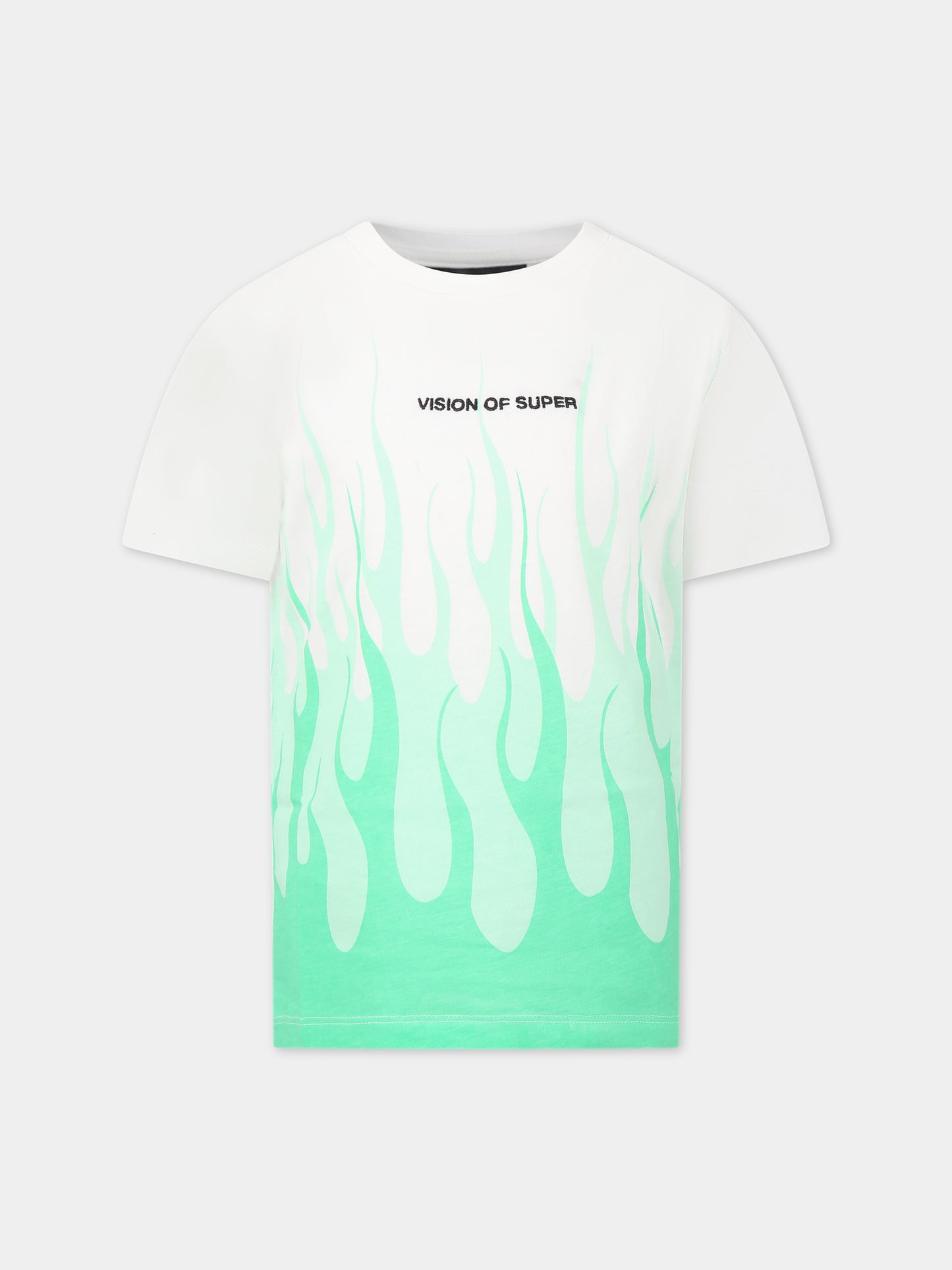 T-shirt bianca per bambino con fiamme verdi e logo,Vision Of Super,TSV3109J VERDE