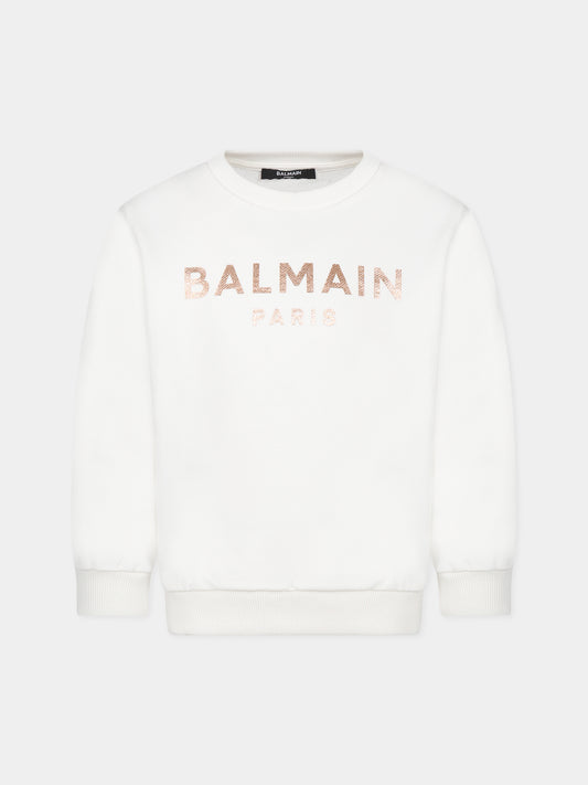 Felpa bianca con iconico logo metalizzato per bambina,Balmain Kids,BT4A60 Z0001 102