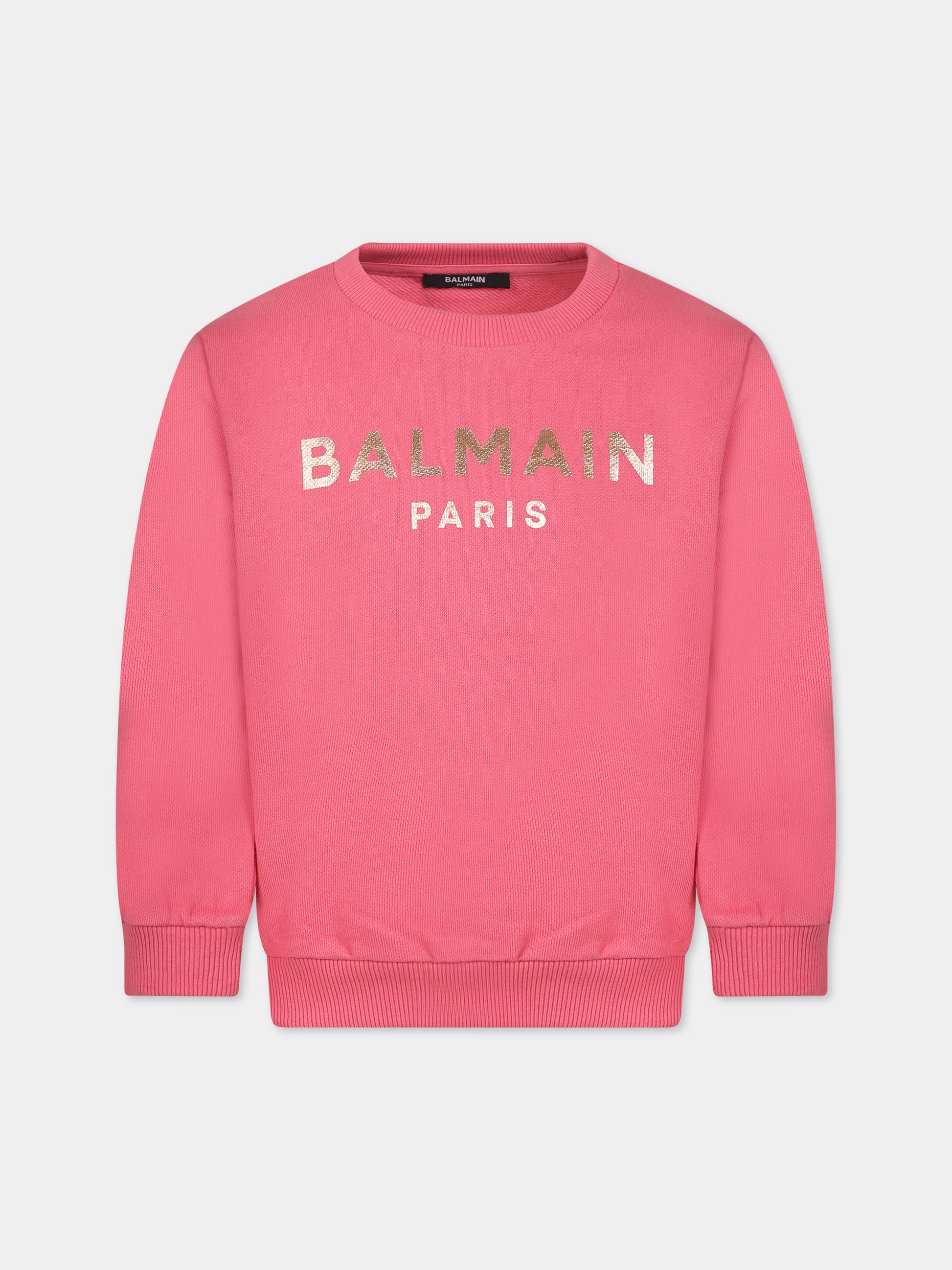 Felpa fucsia con iconico logo metallizzato per bambina,Balmain Kids,BT4A60 Z0001 413