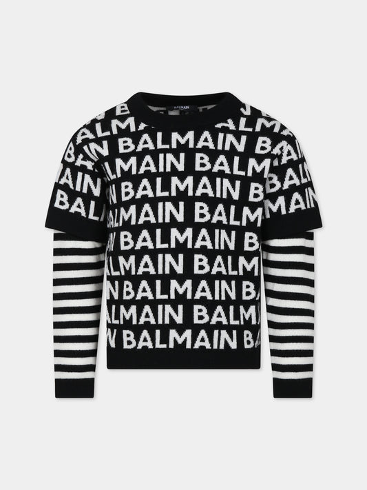 Maglione nero per bambini con logo,Balmain Kids,BT9P00 W0101 930AV