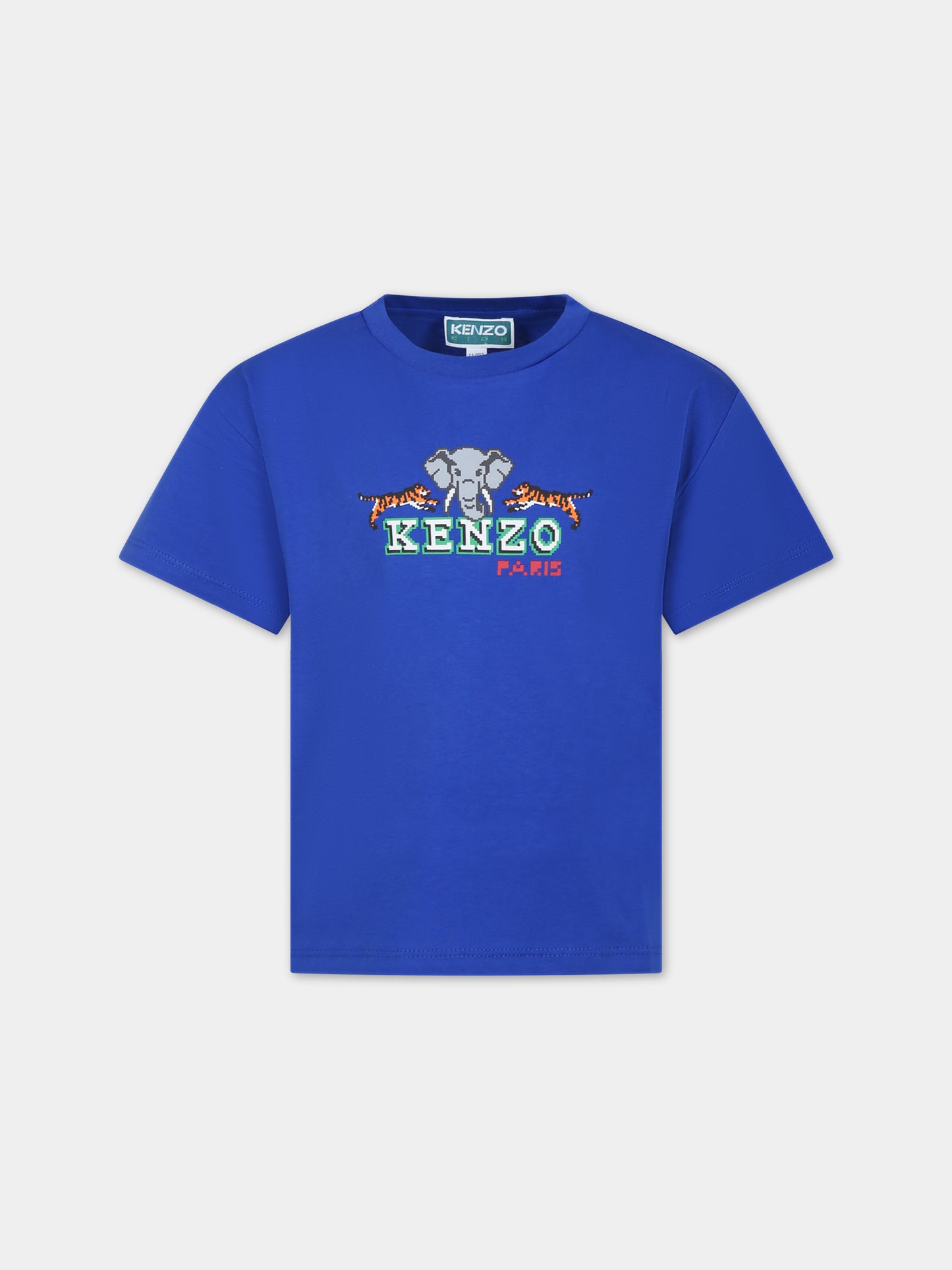 T-shirt blu per bambino con logo e tigri,Kenzo Kids,K25857 829