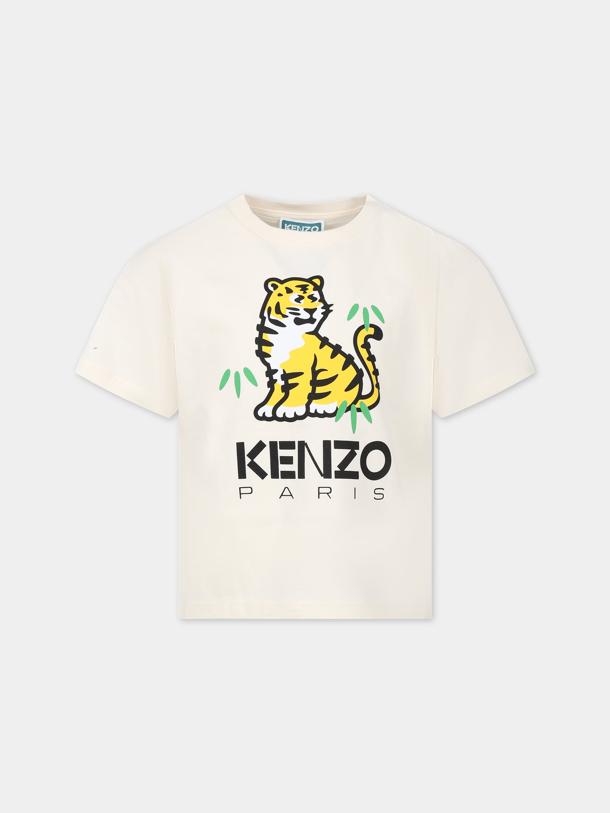 T-shirt avorio per bambini con tigre e logo,Kenzo Kids,K25855 121