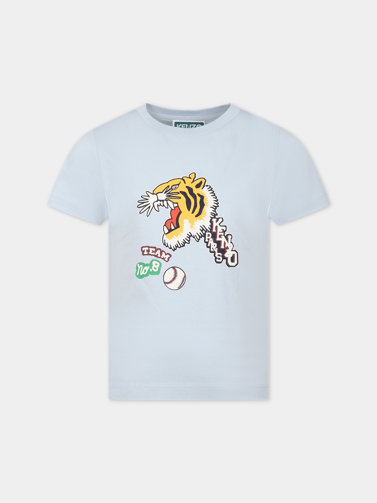 T-shirt celeste per neonato con tigre e logo,Kenzo Kids,K25856 794