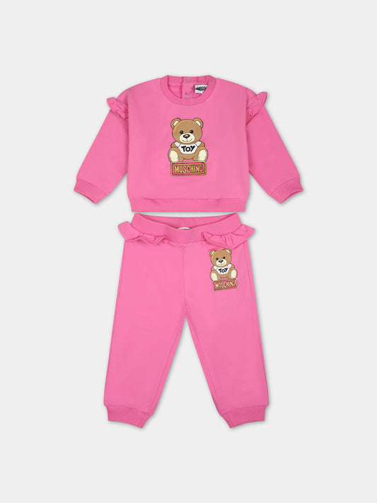 Completo fucsia per neonata con Teddy Bear e logo,Moschino Kids,MDK02K LDA16 52458