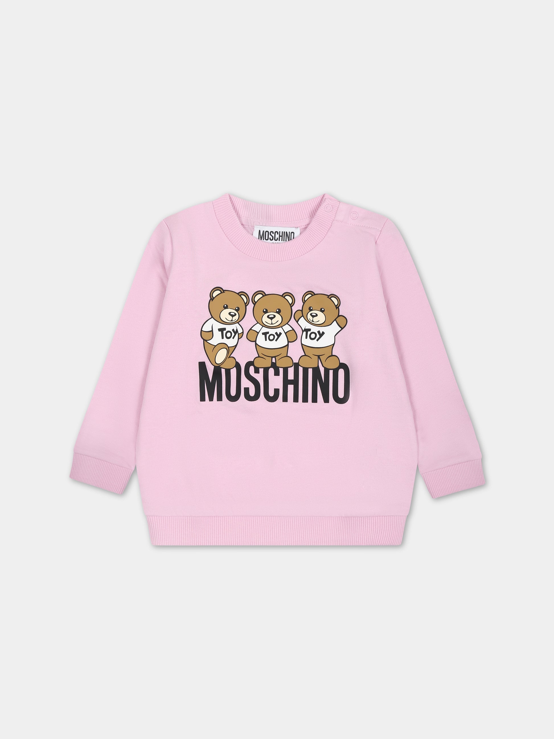 Felpa rosa per neonata con Teddy Bears e logo,Moschino Kids,MSF04Q LCA60 51684