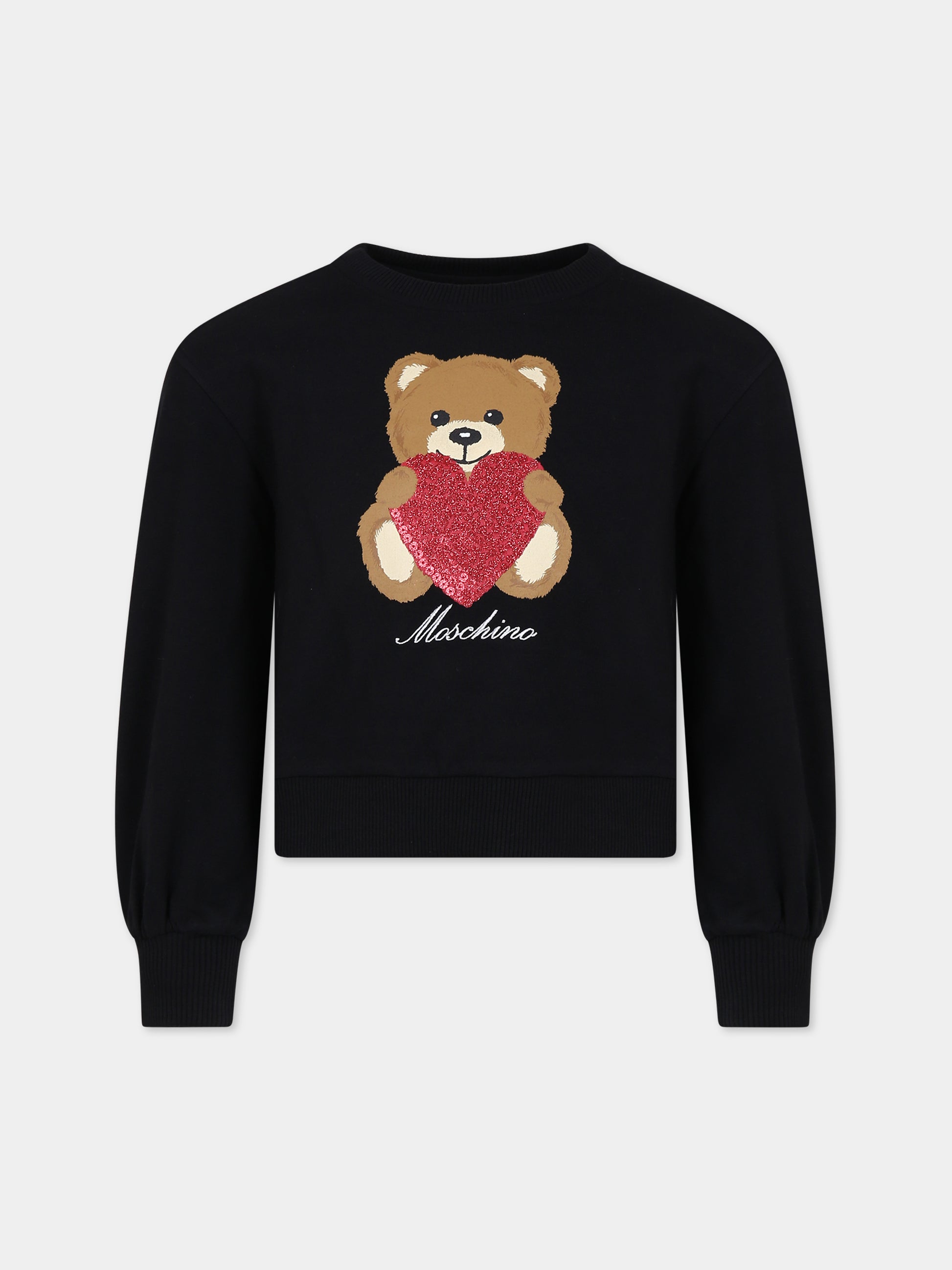 Felpa nera per bambina con Teddy Bear e cuore,Moschino Kids,HDF05E LDA14 60100