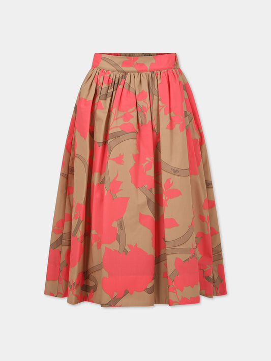 Gonna beige per bambina con stampa floreale e logo,Fendi Kids,JFE105 AMIA F1K9Y