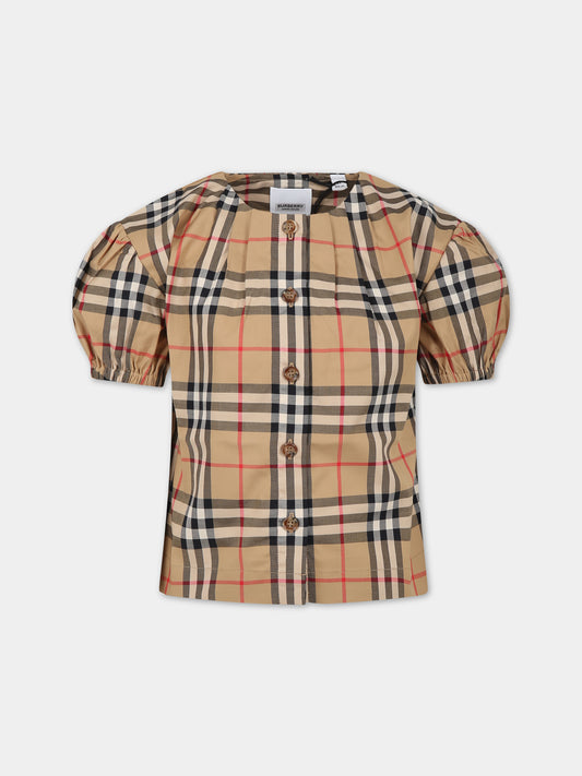 Camicia beige per bambina con iconico check vintage,Burberry Kids,8072346