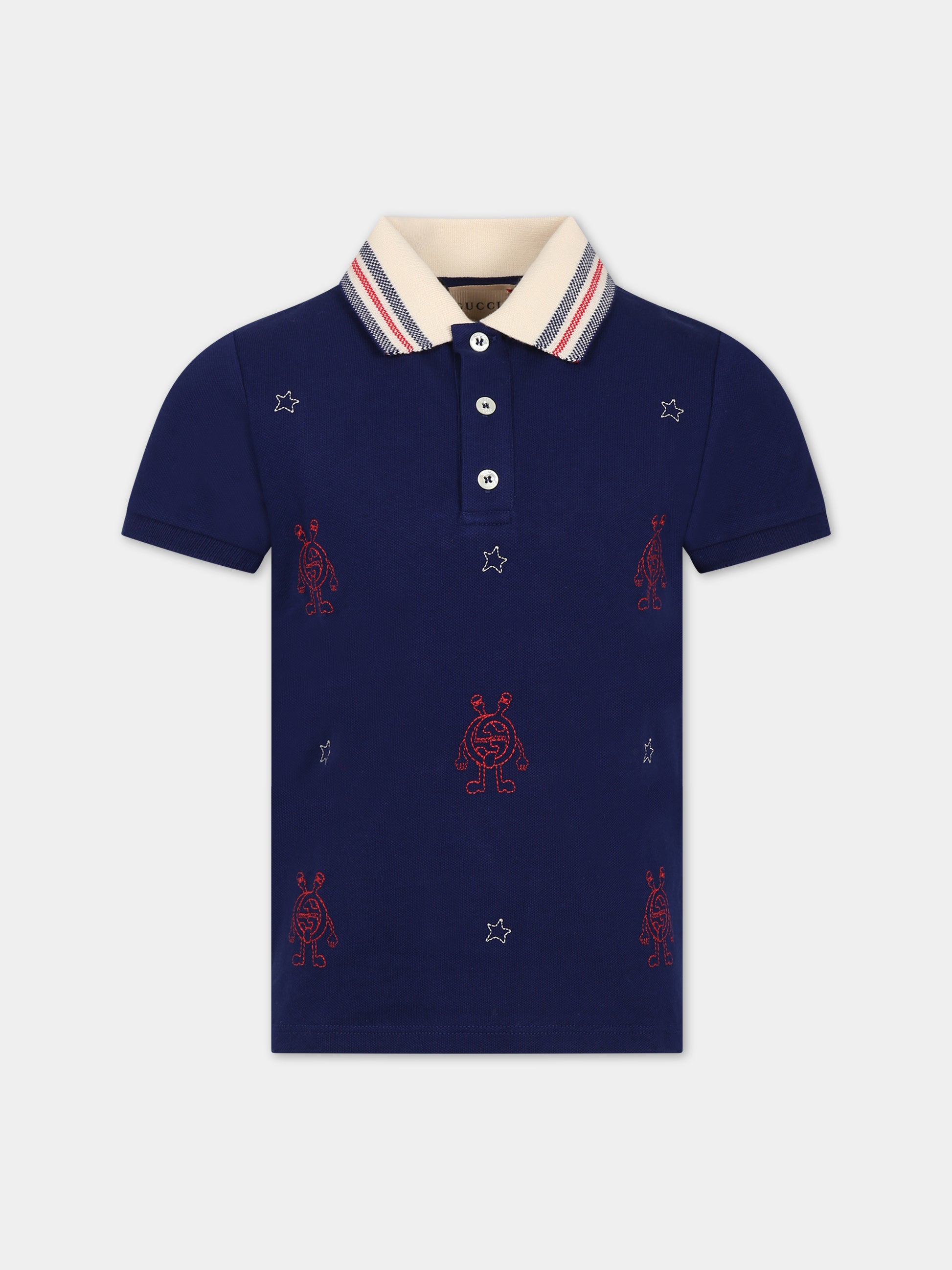 Polo blu per bambino con incrocio GG e stelle,Gucci Kids,746740 XJFLB 4699