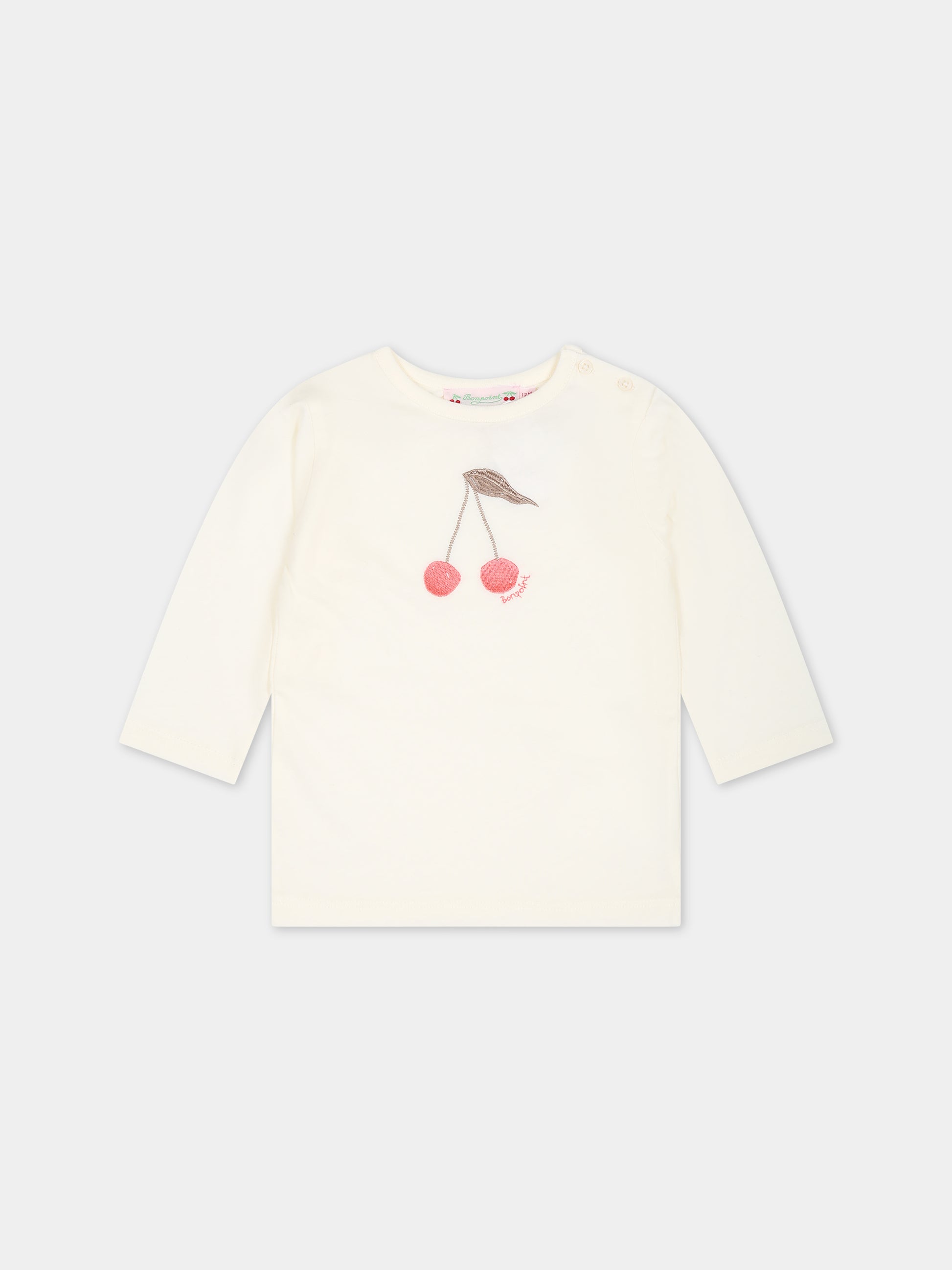 T-shirt avorio per neonata con logo e ciliegie,Bonpoint,W03XTSK00006 103