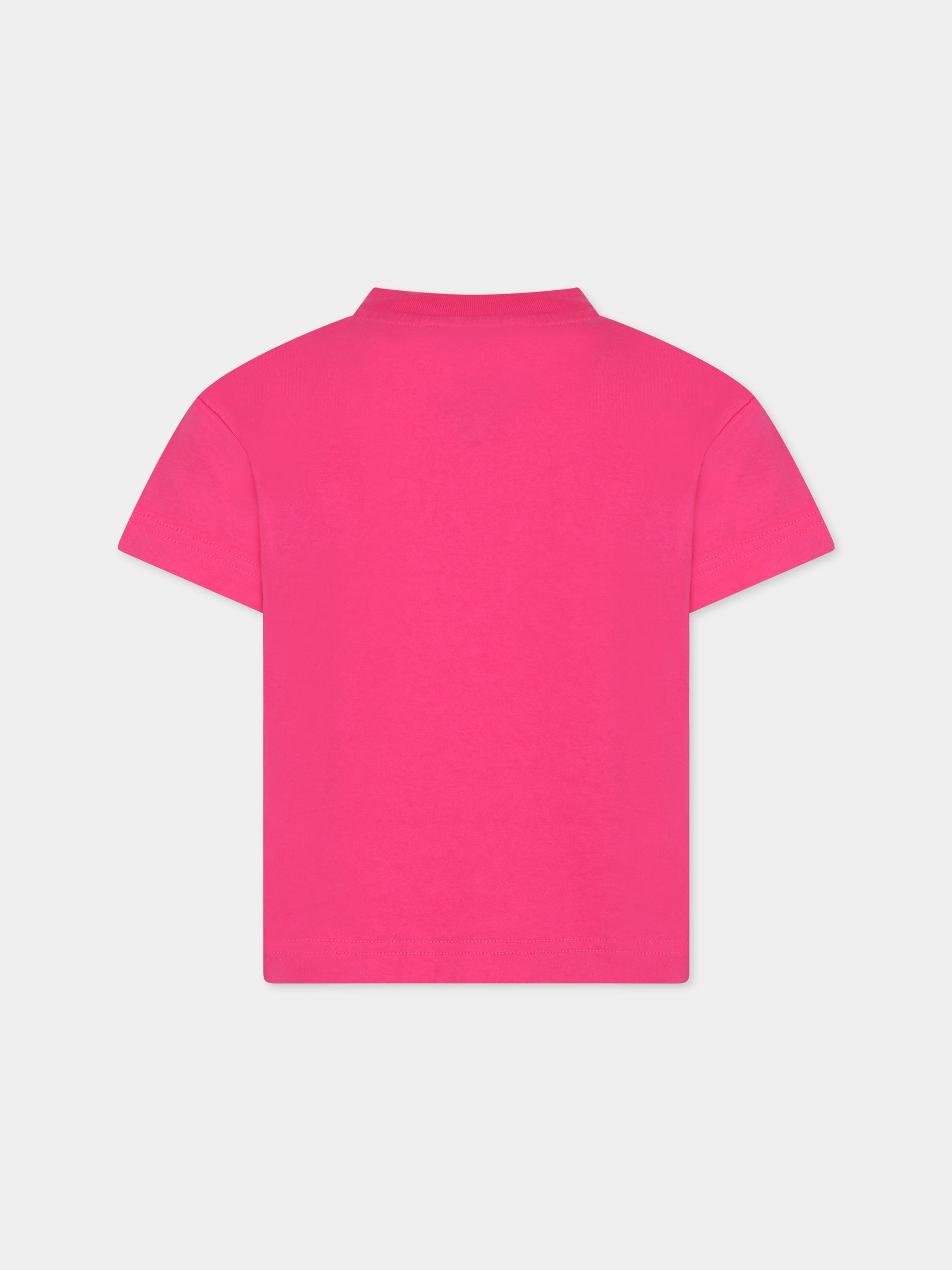 T-shirt fucsia per bambina con orso e logo,Palm Angels,PGAA002C99JER0013260