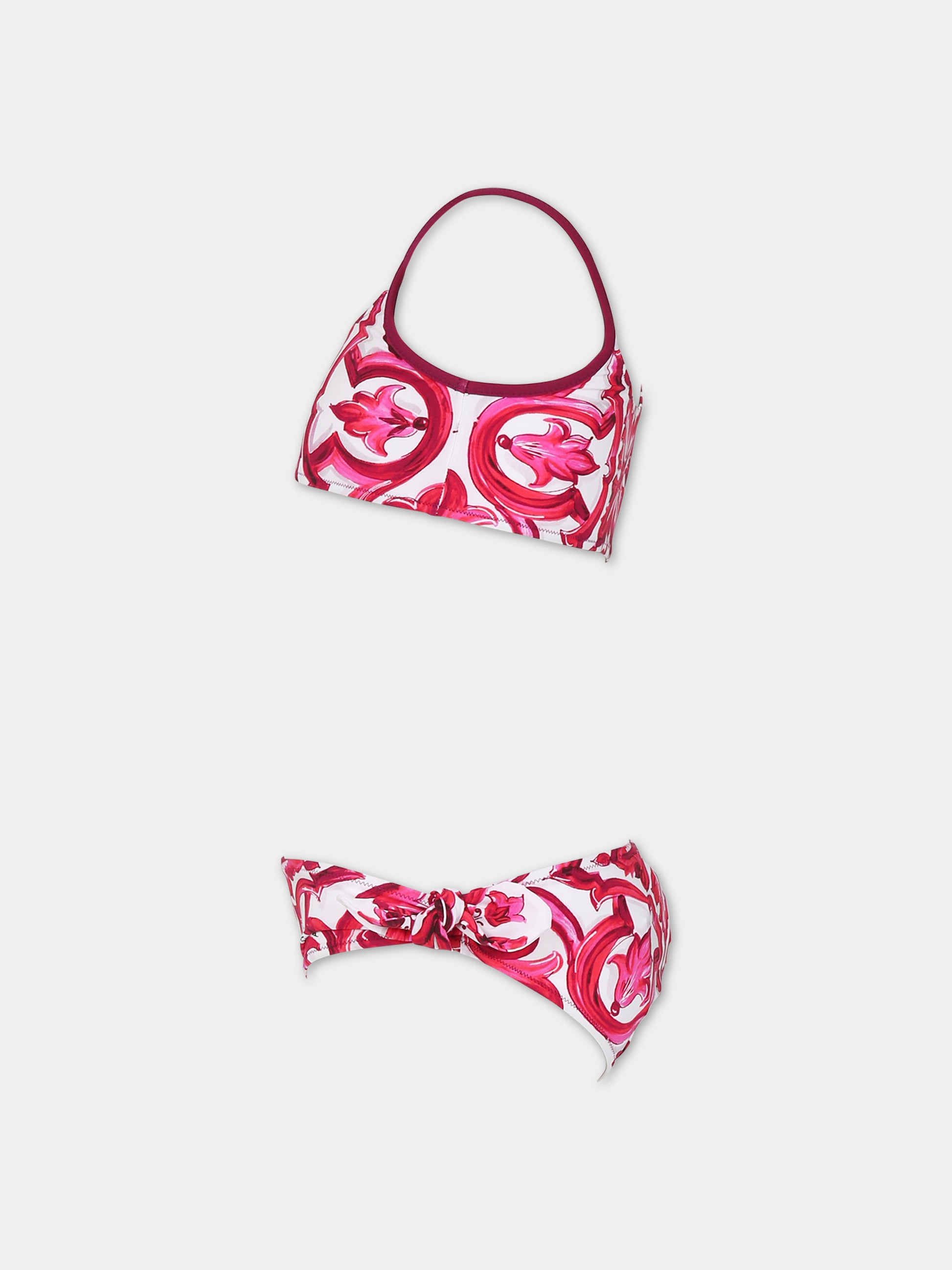 Bikini bianco per bambina con stampa maioliche,Dolce & Gabbana Kids,L5J829 G7J5H HE3TN
