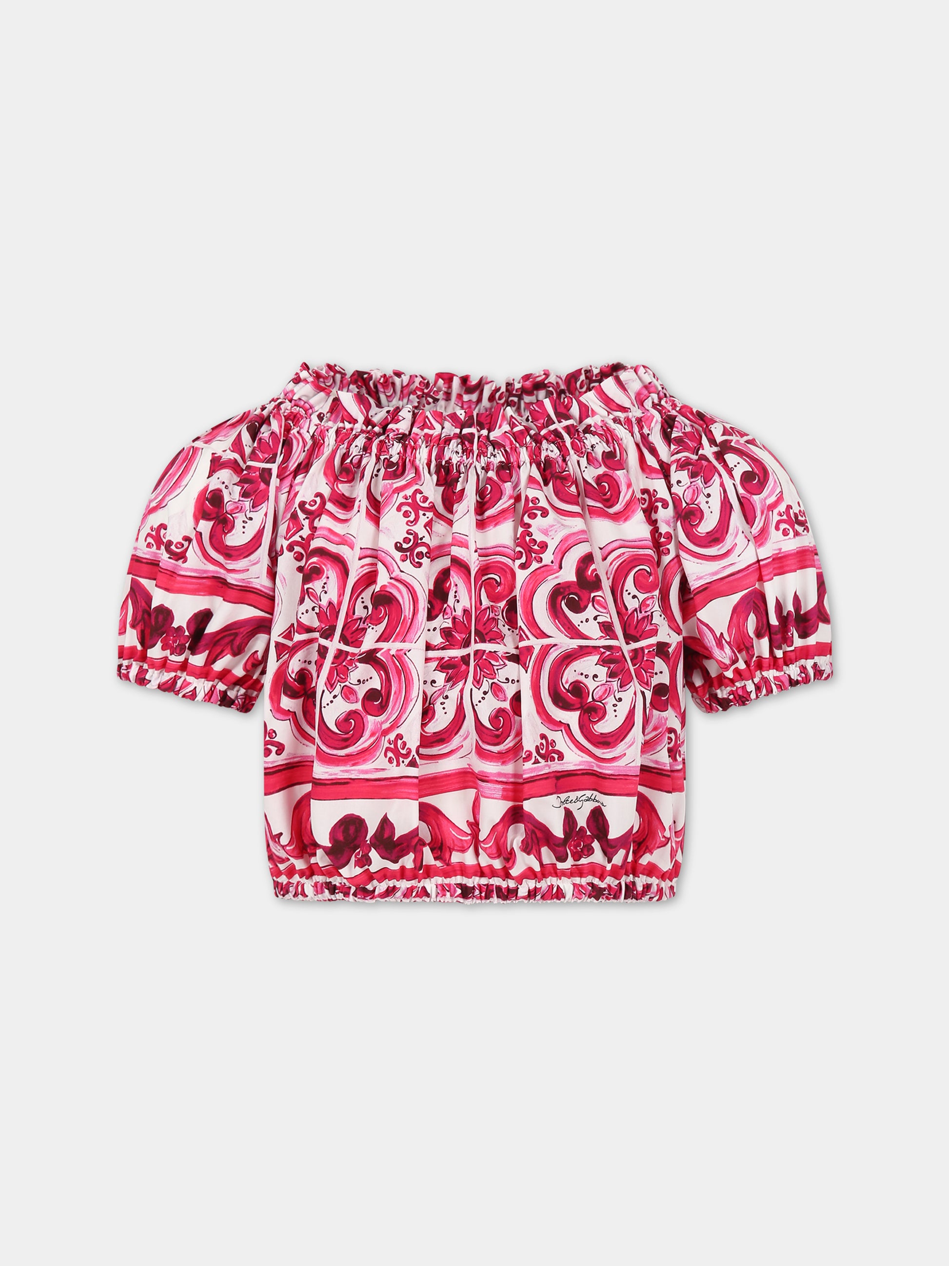 Top fucsia per bambina con stampa maioliche,Dolce & Gabbana Kids,L55S67 G7EY3 HE3TN