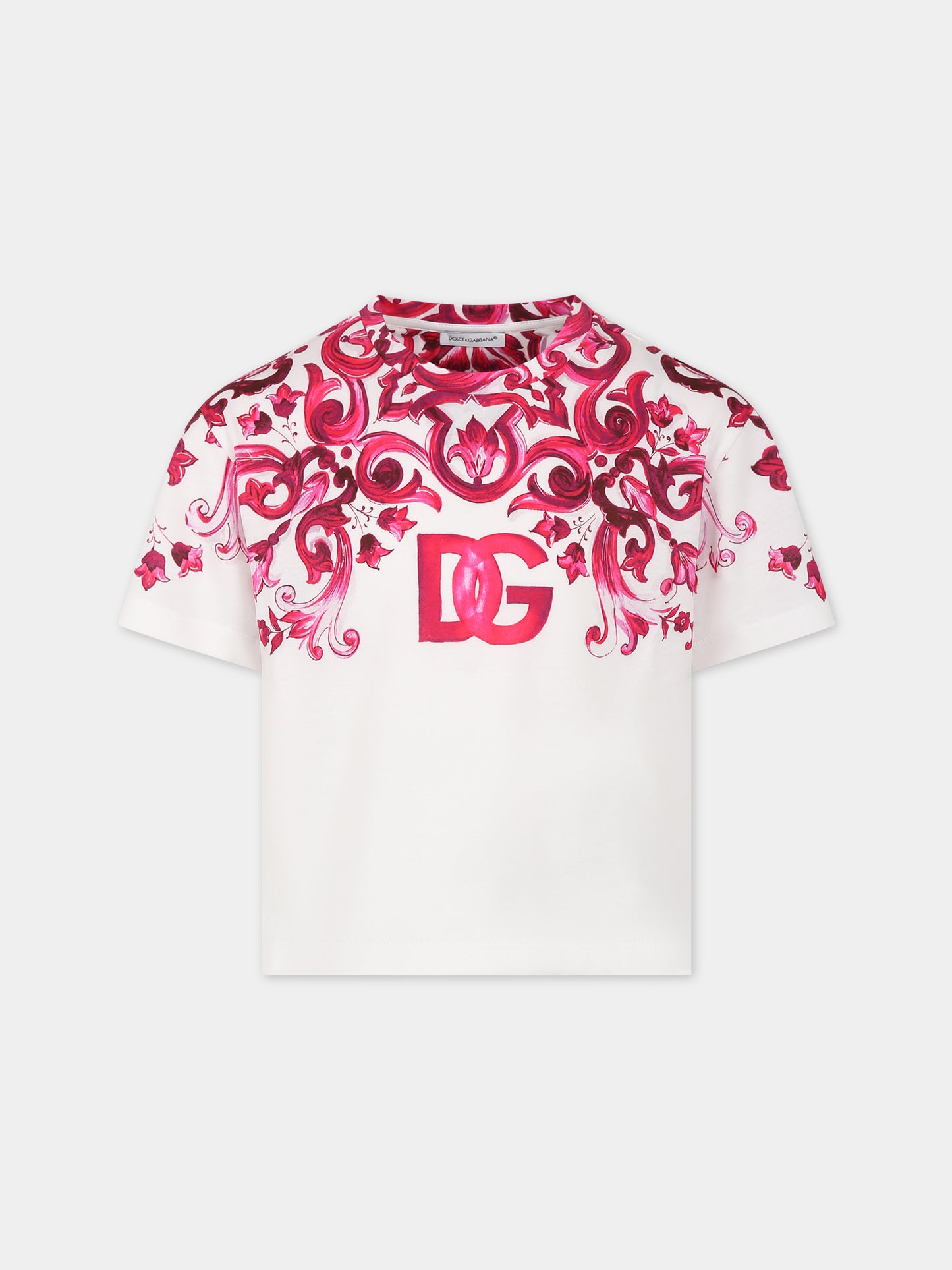 T-shirt bianca per bambina con stampa maioliche,Dolce & Gabbana Kids,L5JTJK G7E9Q HE3TN