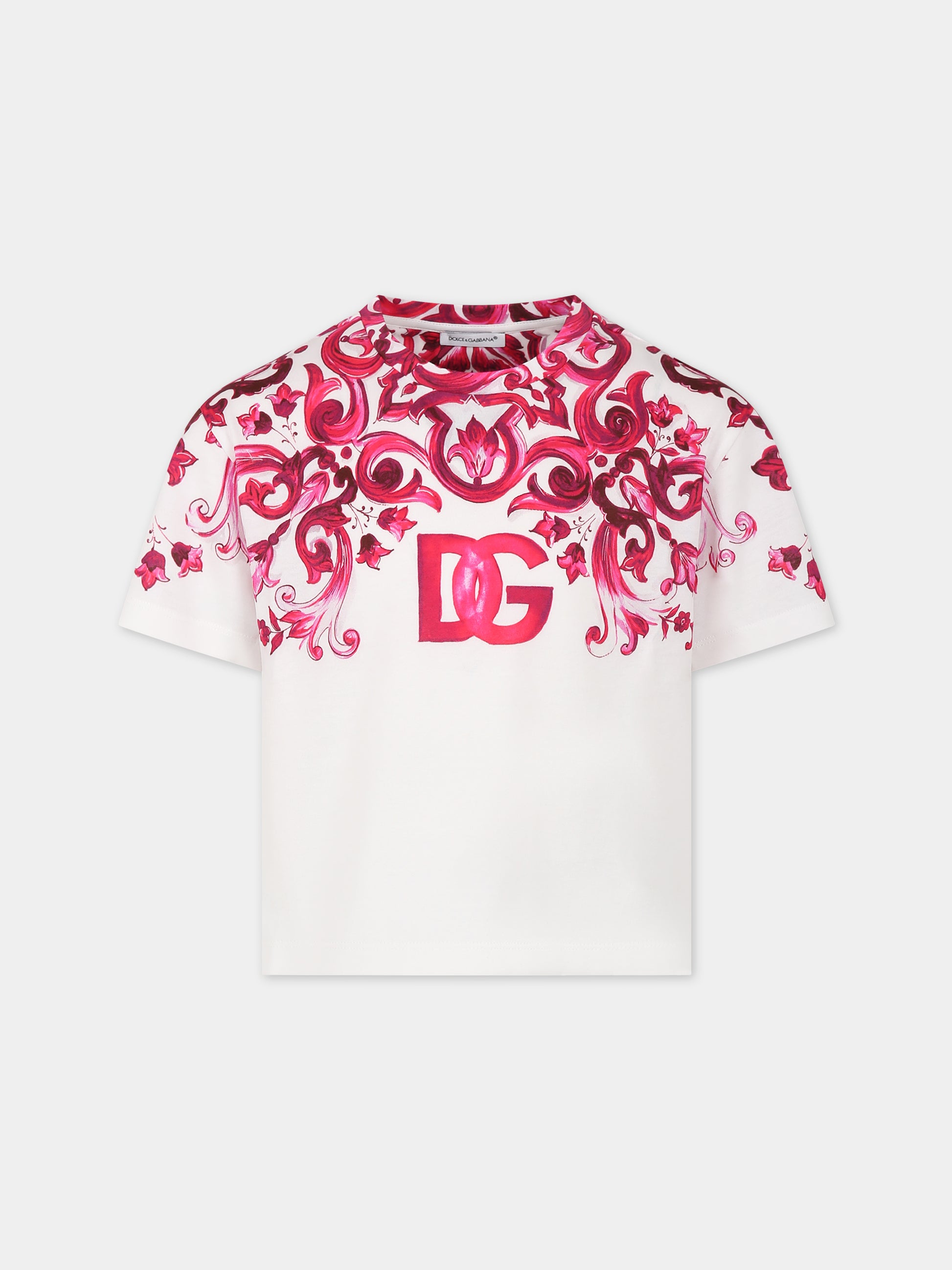 T-shirt bianca per bambina con stampa maioliche,Dolce & Gabbana Kids,L5JTJK G7E9Q HE3TN