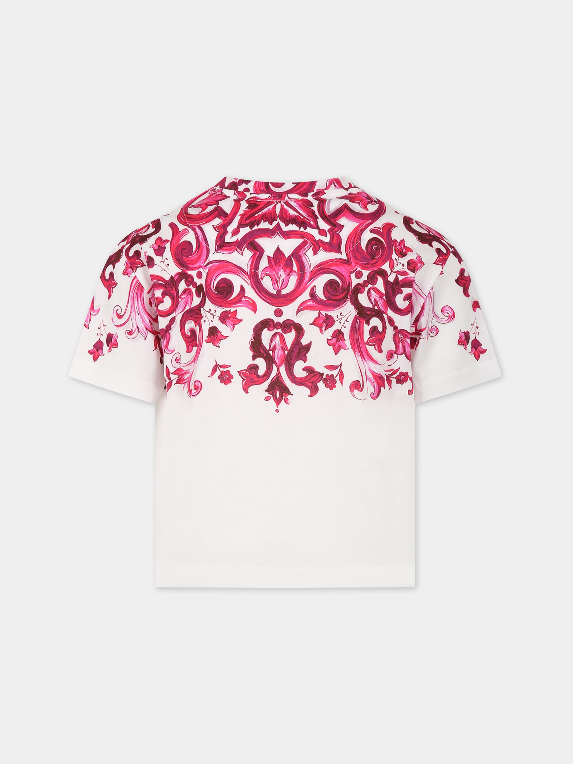 T-shirt bianca per bambina con stampa maioliche,Dolce & Gabbana Kids,L5JTJK G7E9Q HE3TN