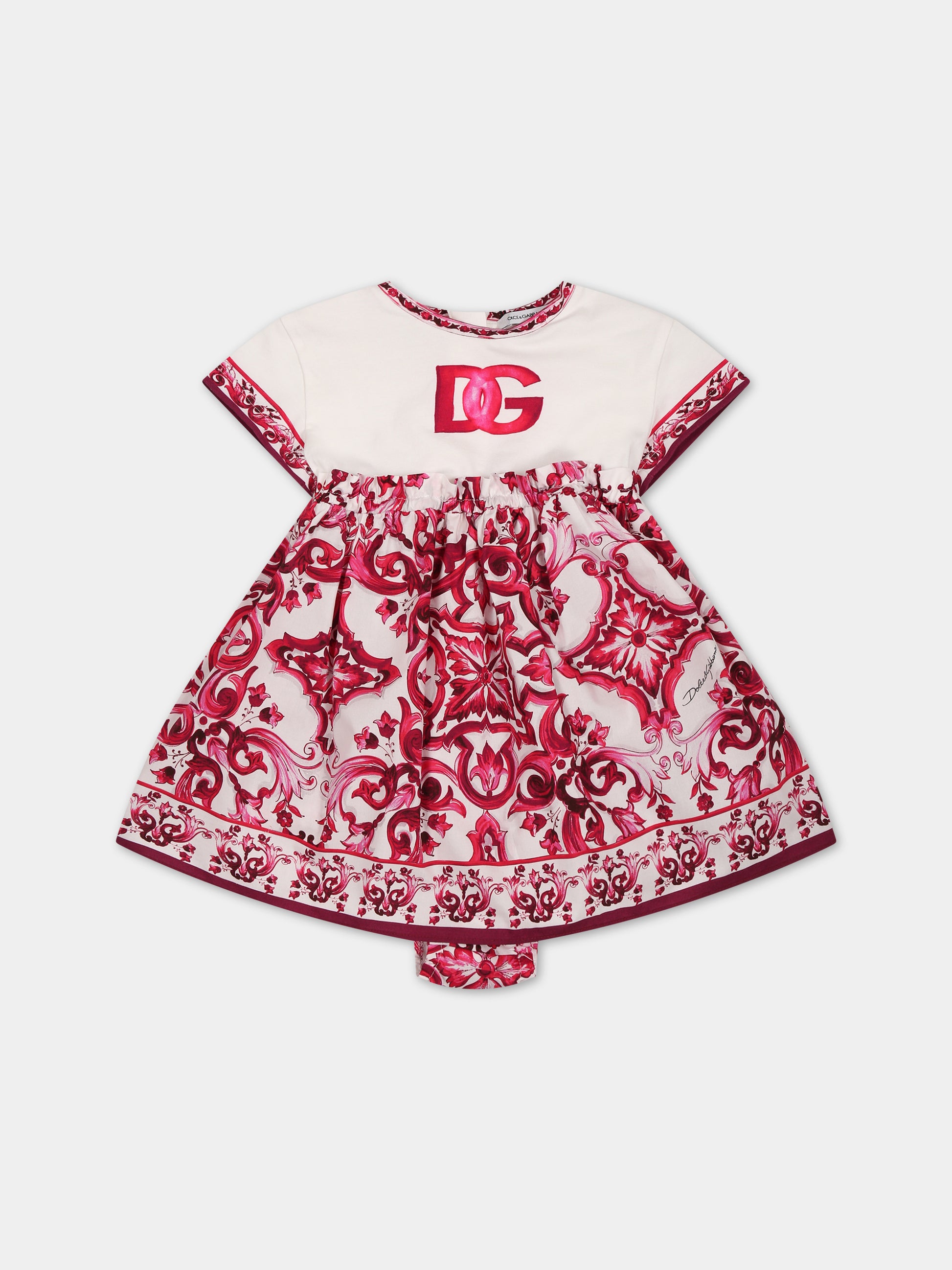 Vestito bianco per neonata con logo e maioliche,Dolce & Gabbana Kids,L2JDZ1 G7J7N HE3TN