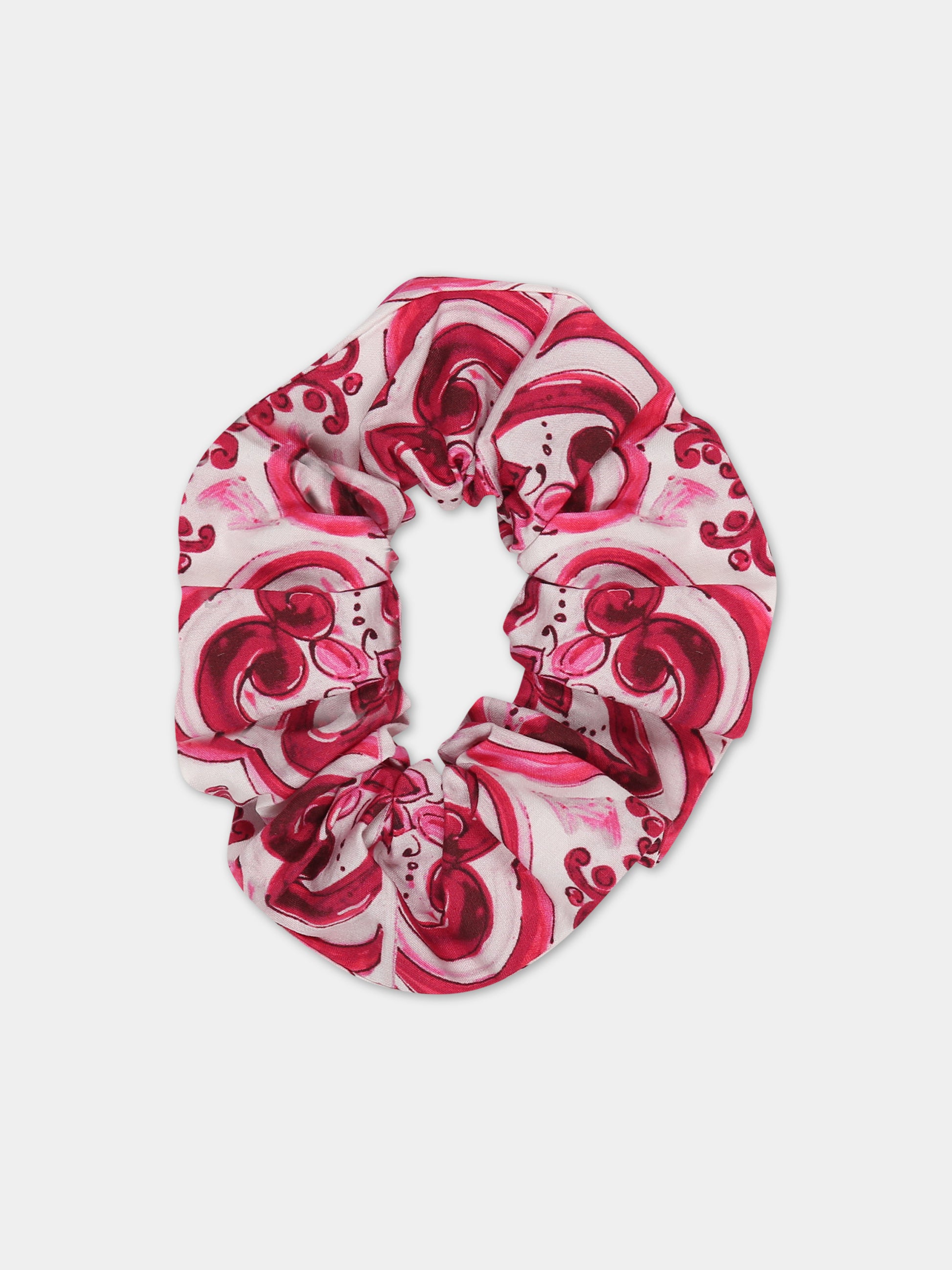 Elastico fucsia per bambina con stampa maioliche e logo,Dolce & Gabbana Kids,LB7A12 G7J8T HE3TN