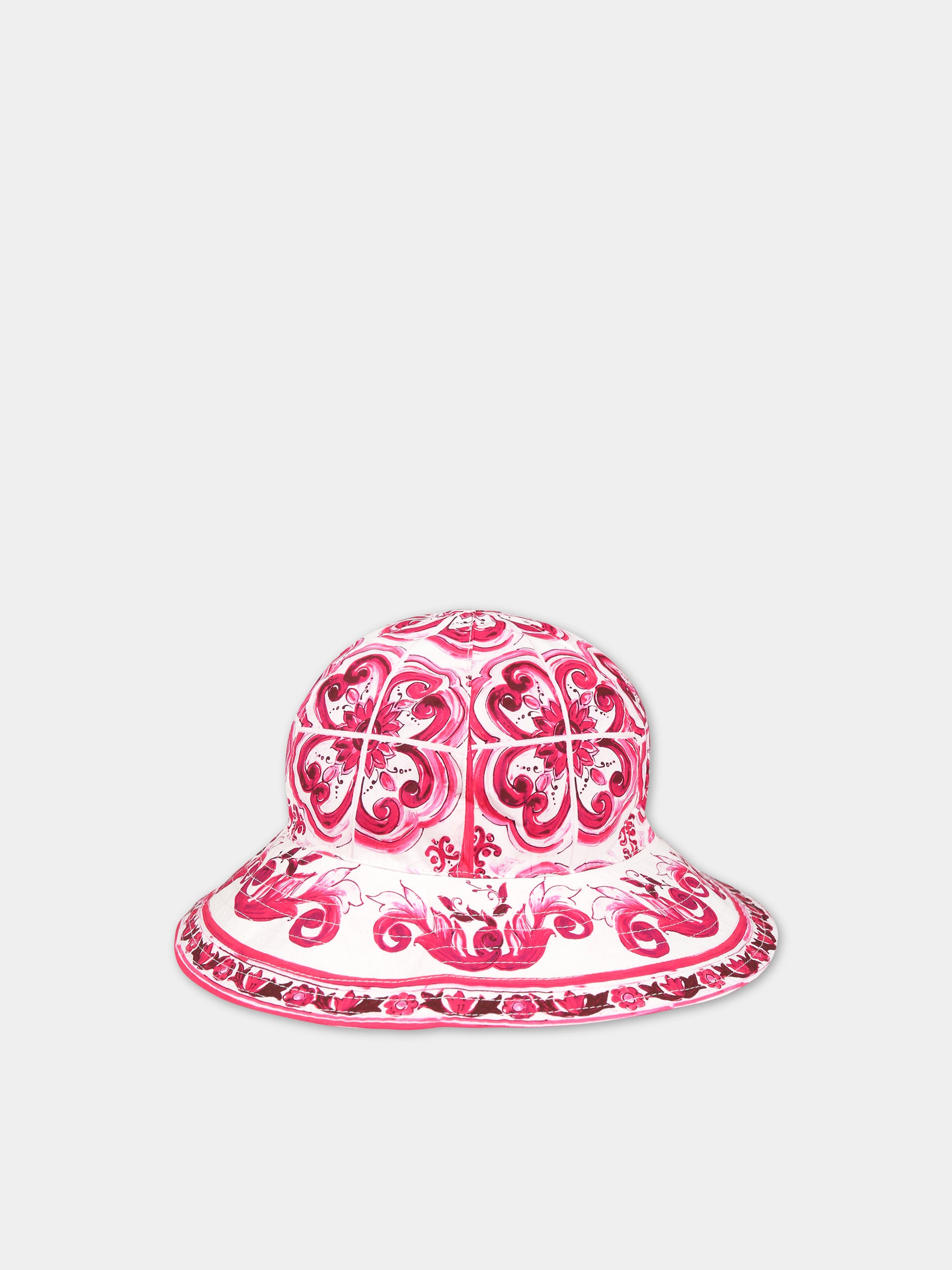 Cloche bianca per bambina con iconiche maioliche e logo,Dolce & Gabbana Kids,LB4H48 G7E1J HE3TN
