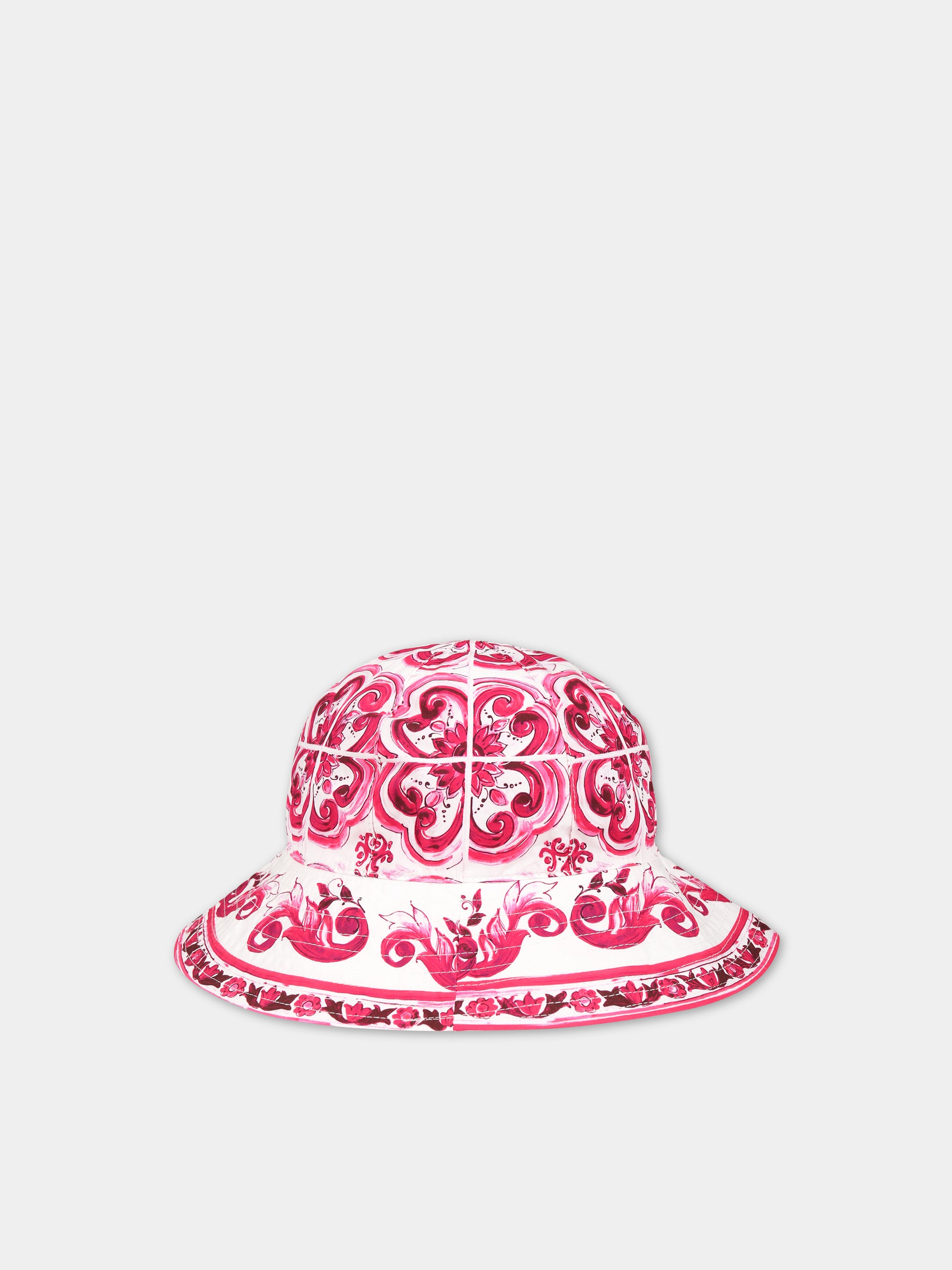 Cloche bianca per bambina con iconiche maioliche e logo,Dolce & Gabbana Kids,LB4H48 G7E1J HE3TN
