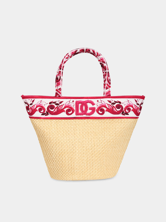 Borsa beige per bambina con stampa maioliche,Dolce & Gabbana Kids,EB0104 AU085 HE3OB