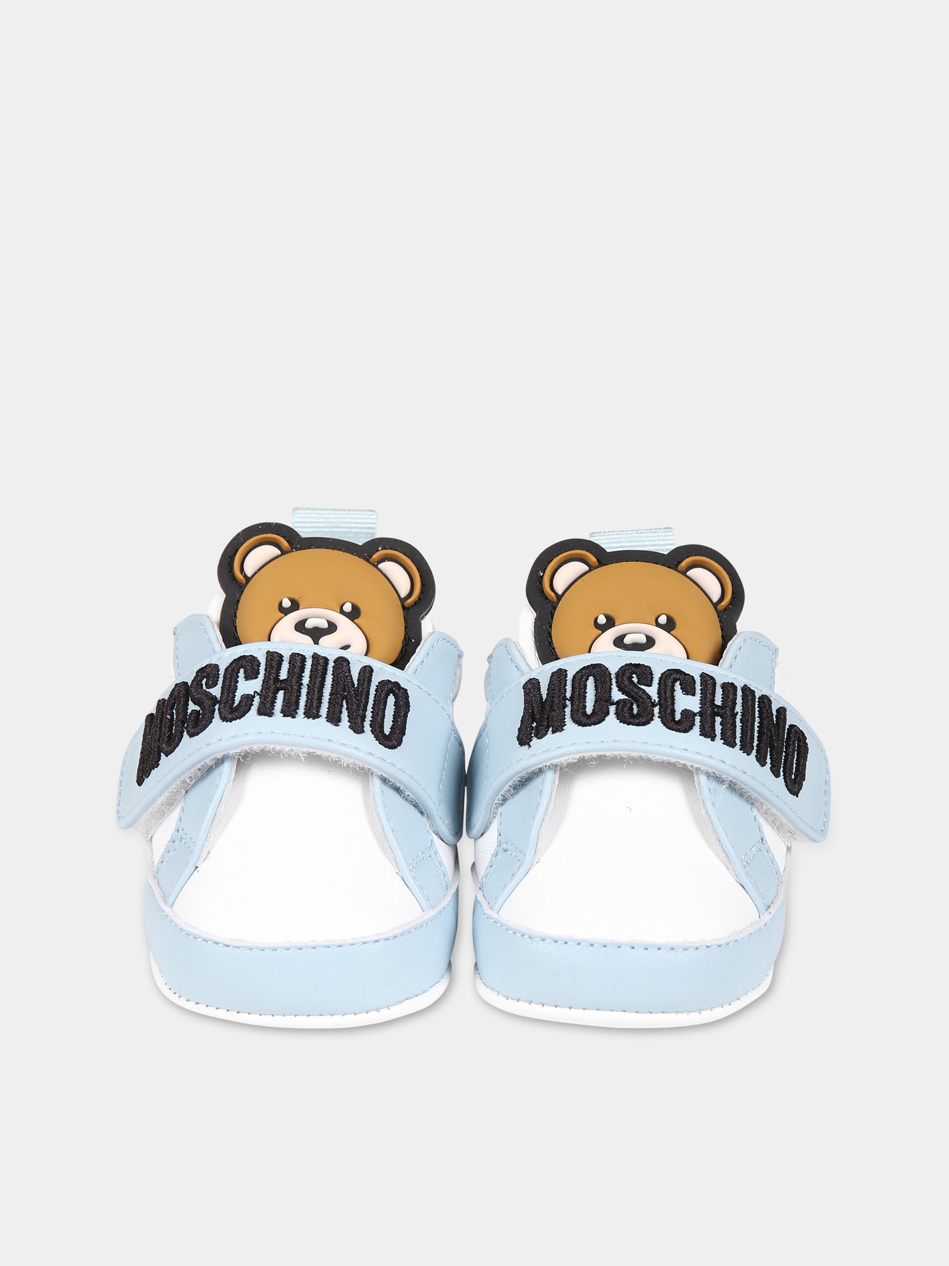 Sneakers celesti per neonato con Teddy bear e logo,Moschino Kids,75821 2