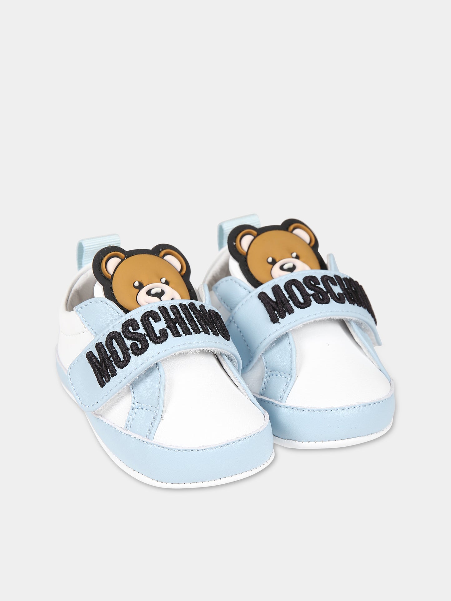 Sneakers celesti per neonato con Teddy bear e logo,Moschino Kids,75821 2