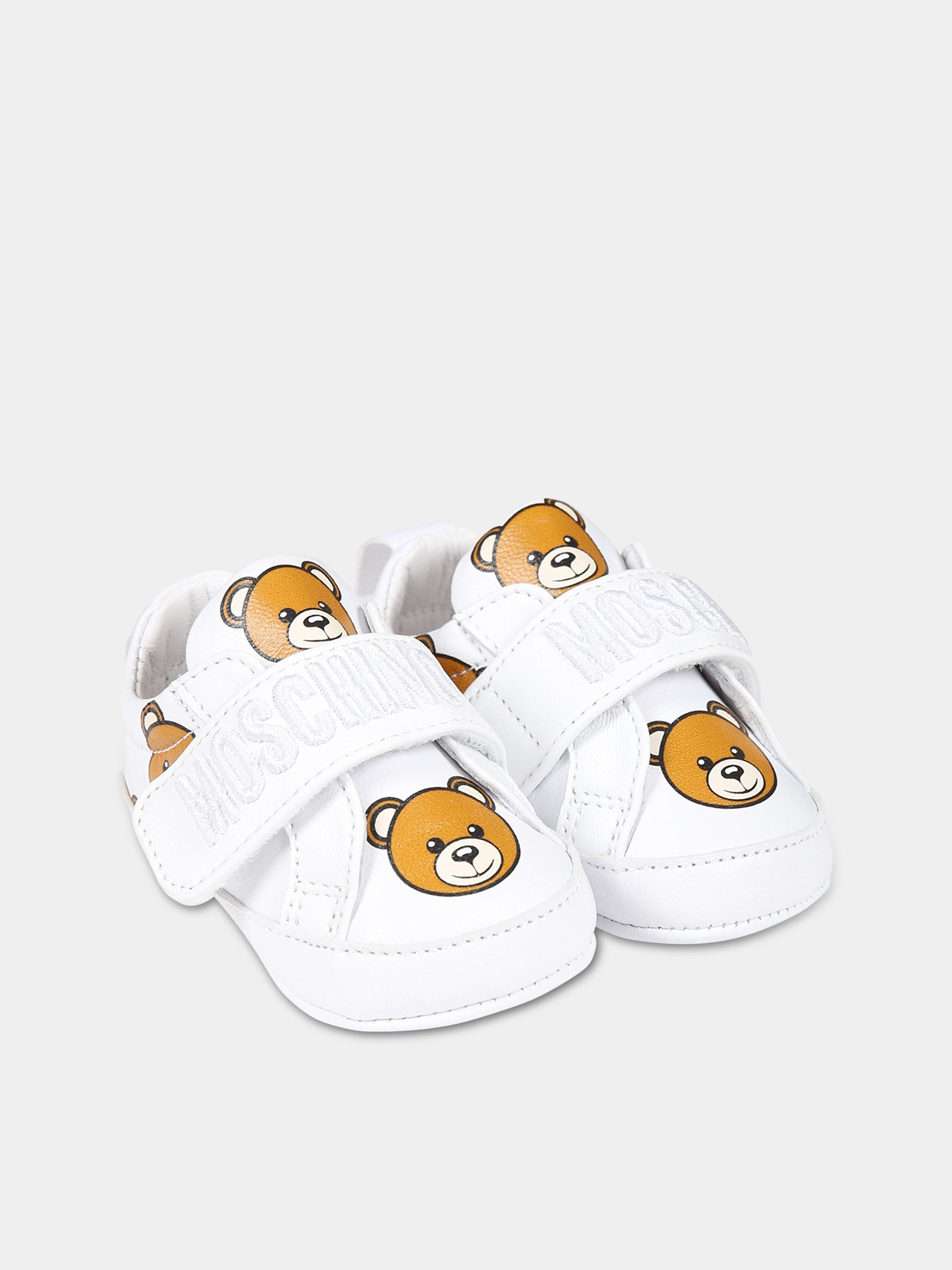 Sneakers bianche per neonati con Teddy bear e logo,Moschino Kids,75810 GLOVE BIANCO