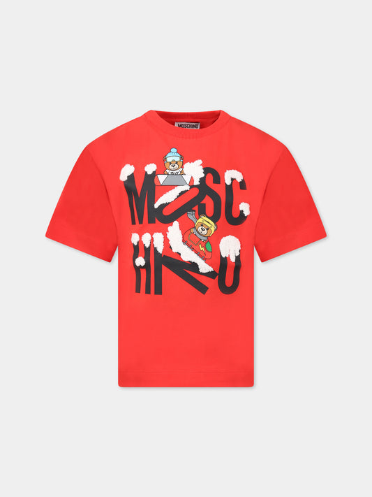 T-shirt rossa per bambini con Teddy Bears e logo,Moschino Kids,HPM03S LBA22 50109