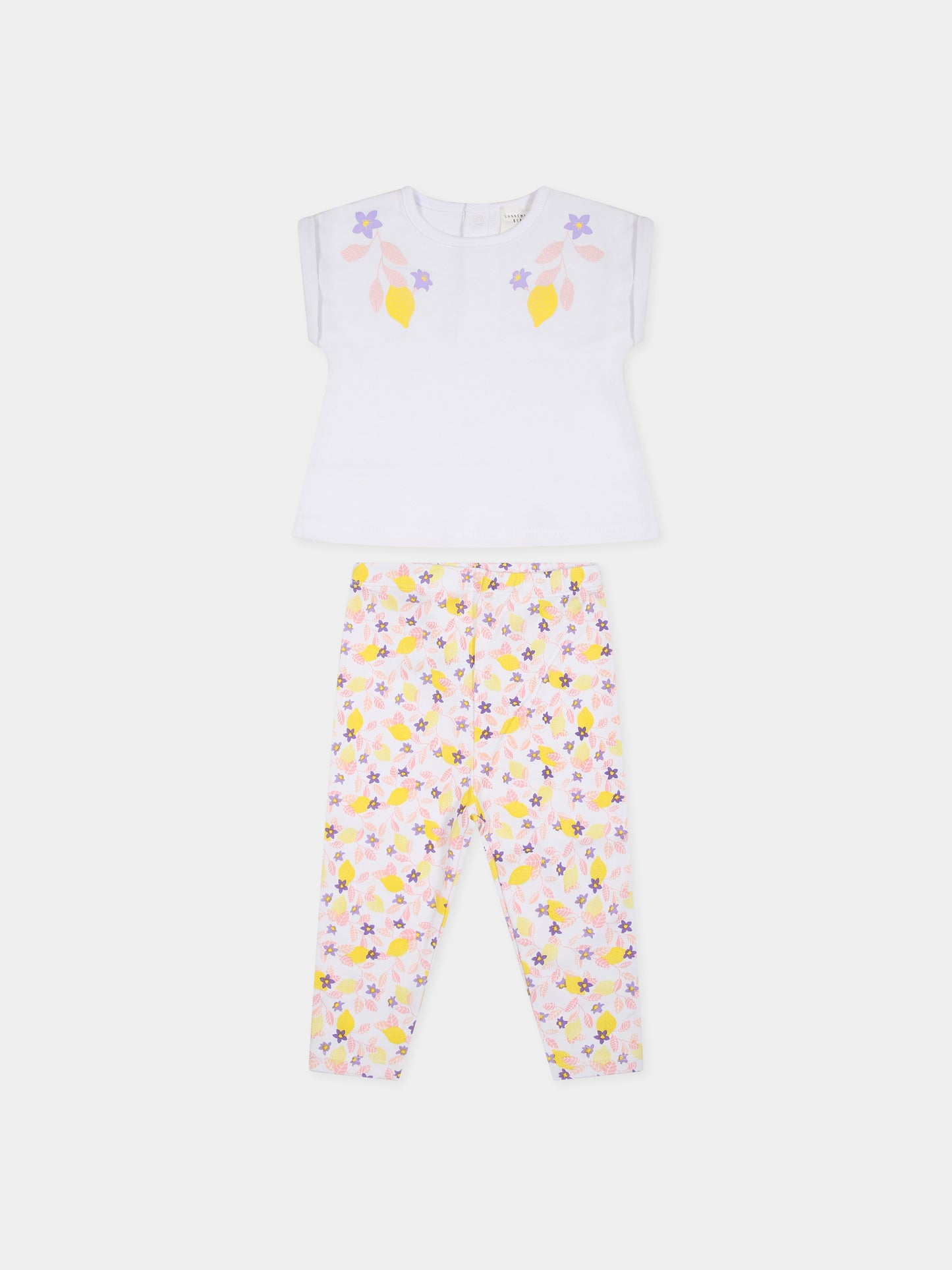 Completo bianco per neonata con stampa fiori e limoni,Carrement Beau,Y08070 10P