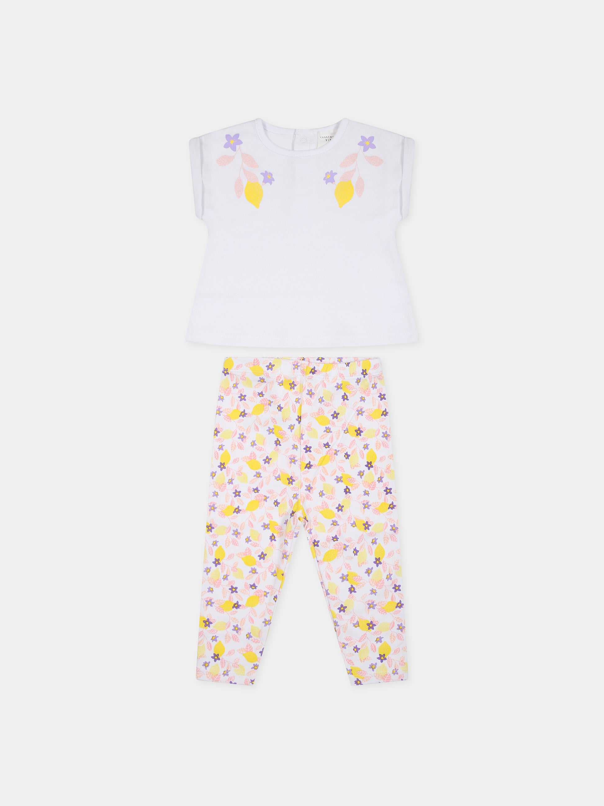 Completo bianco per neonata con stampa fiori e limoni,Carrement Beau,Y08070 10P