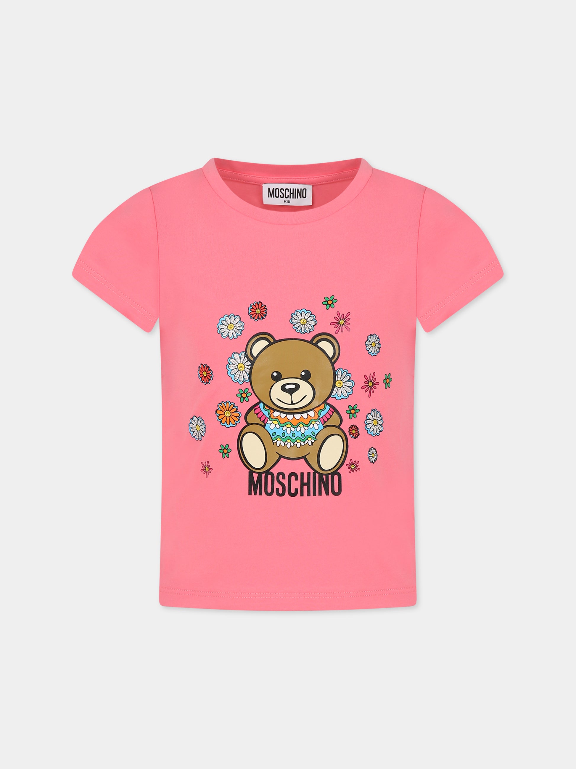 T-shirt rosa per bambina con Teddy bear e fiori,Moschino Kids,HDM04T LBA00 51047