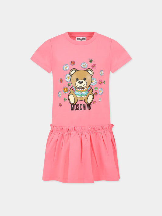 Vestito rosa per bambina con Teddy bear e fiori,Moschino Kids,HDV0CV LBA00 51047