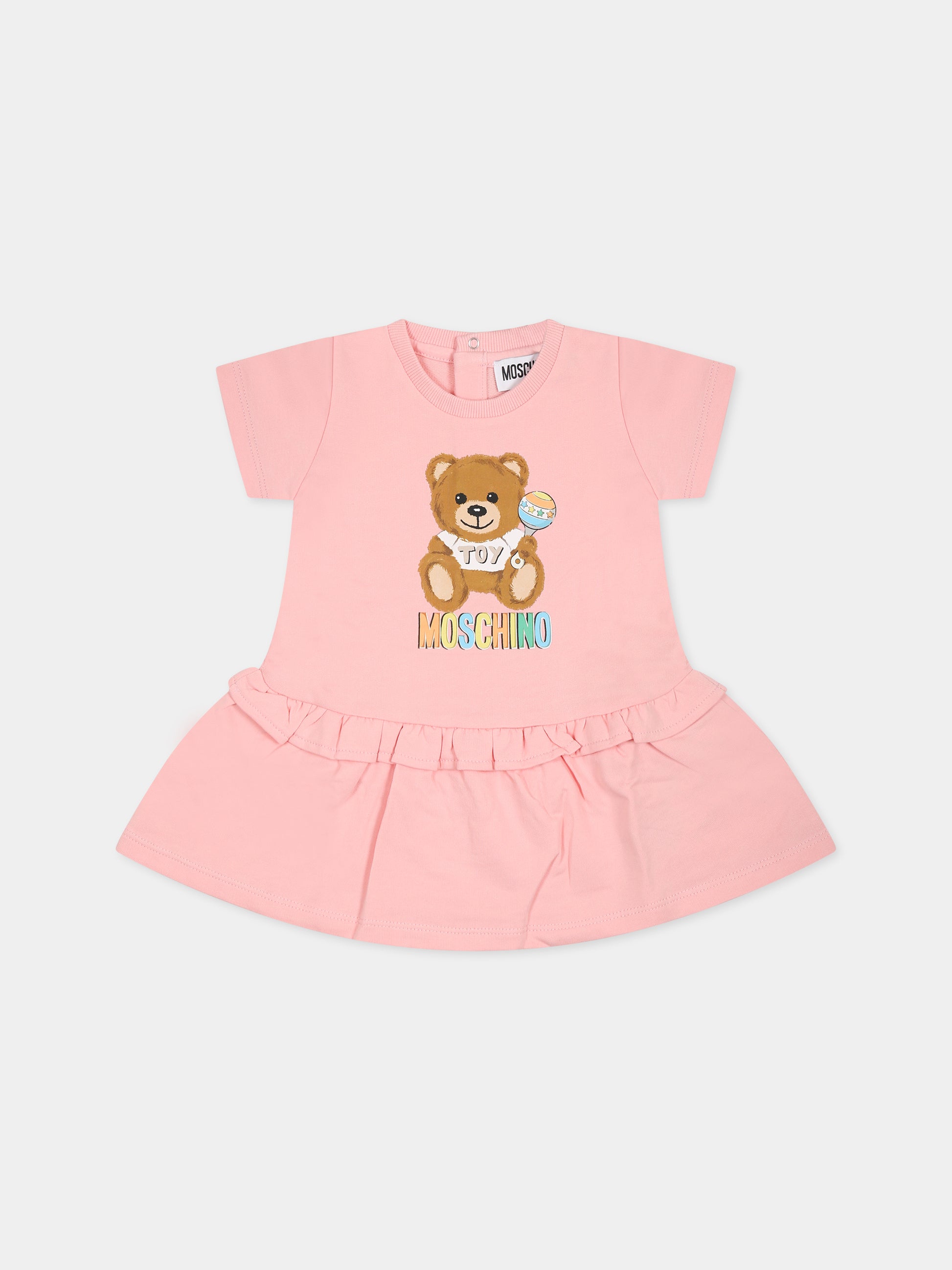 Vestito rosa per neonata con Teddy Bear e logo,Moschino Kids,MEV074 LCA19 50209