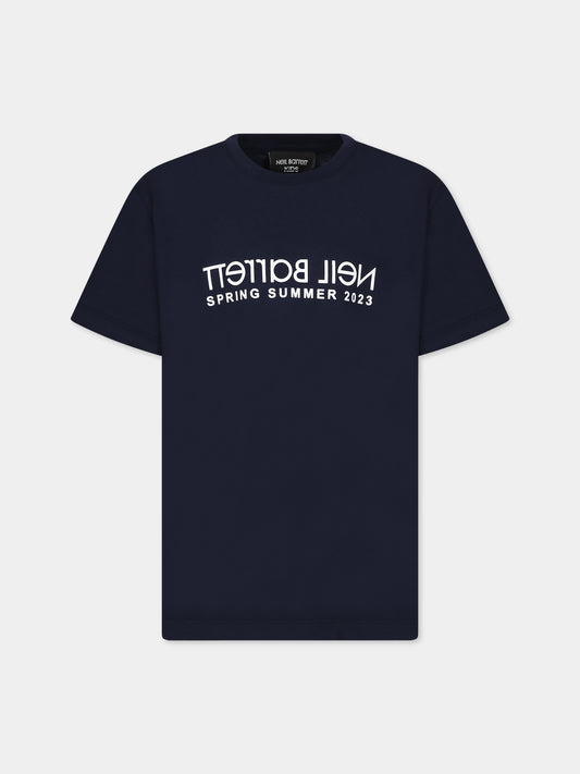 T-shirt blu con logo per bambino,Neil Barrett Kids,033651 060