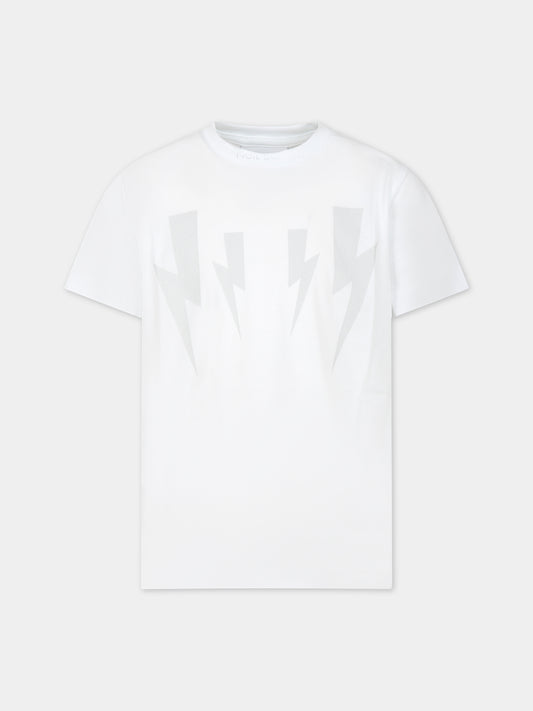 T-shirt bianca per bambino con iconiche saette e logo,Neil Barrett Kids,033652 001