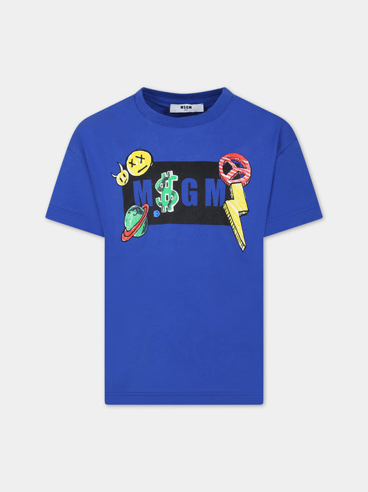 T-shirt blu per bambino con logo e stampa,Msgm Kids,MS029506 130